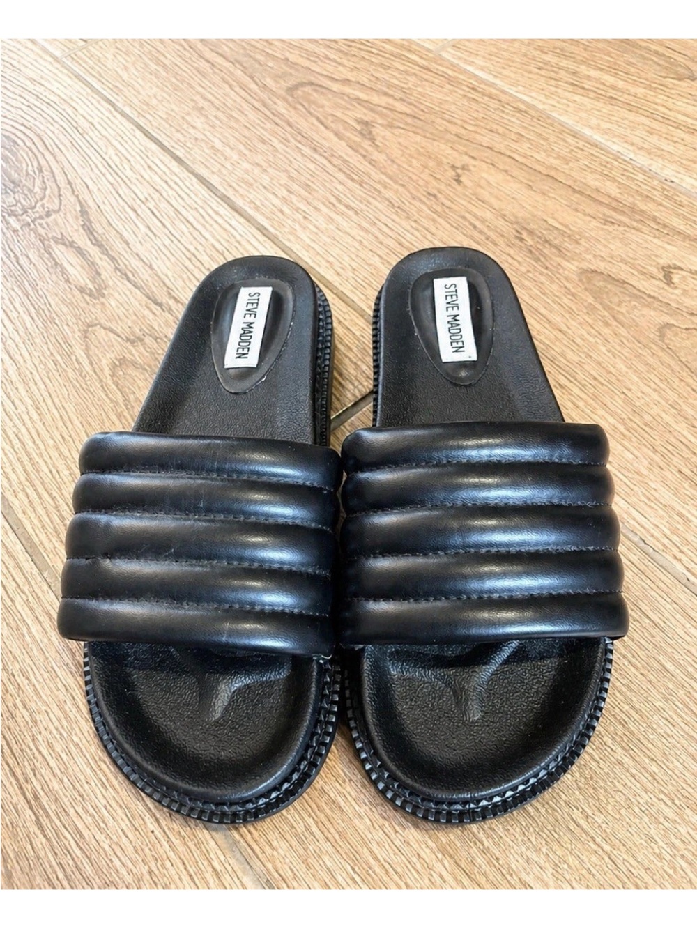 Steve Madden Puffy Slide Sandals Womens 7 Black Padded Slip On